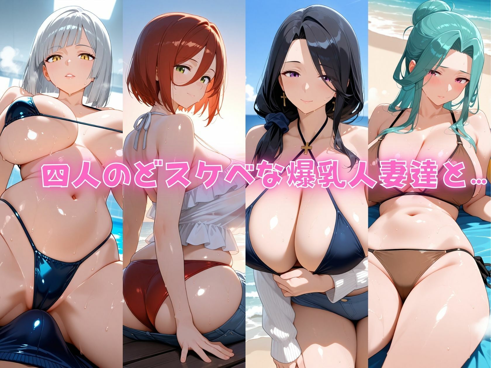 4人の爆乳人妻とどエロい水着で汗だくSEX - サンプル画像 1