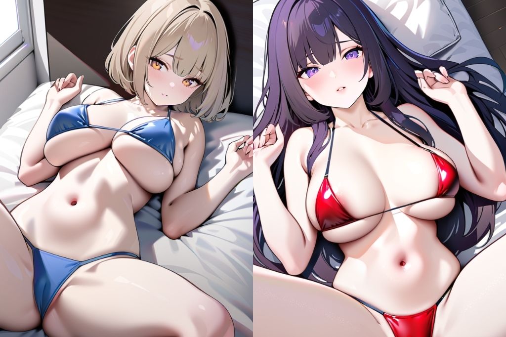 ベッドで寝転ぶ水着美女 - サンプル画像 2