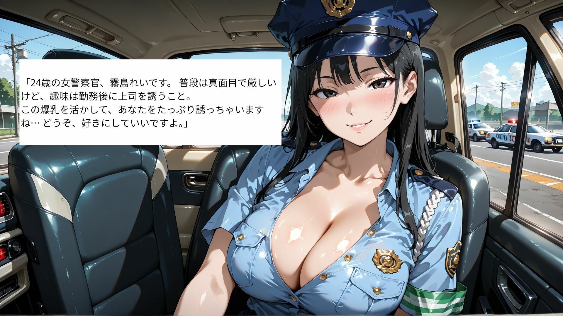 勤務後の爆乳女警察官をパトカー内でハメまくった記録 - サンプル画像 1