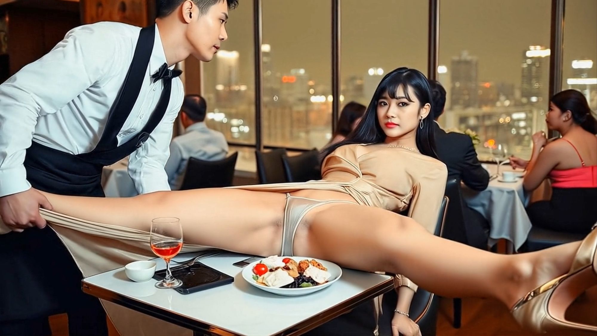 妄想18 レストランでお嬢様の開脚を給仕がお手伝い AI生成動画 - サンプル画像 6