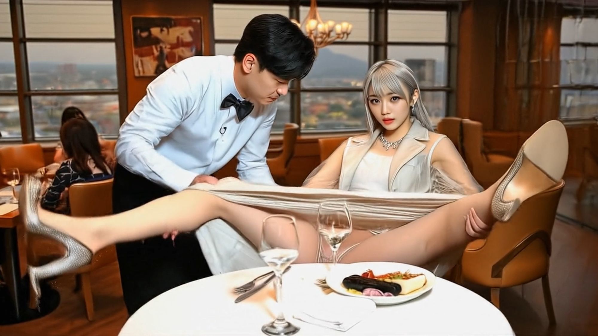 妄想18 レストランでお嬢様の開脚を給仕がお手伝い AI生成動画 - サンプル画像 8