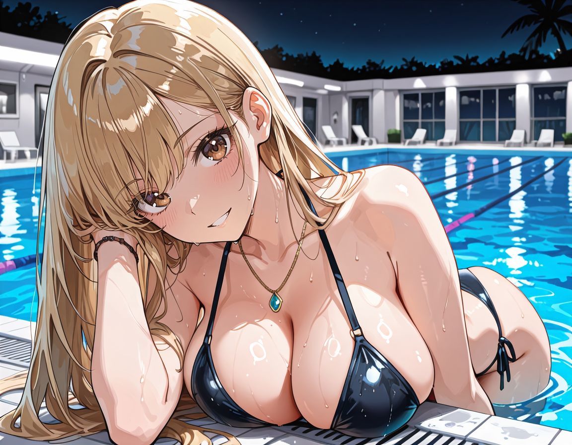 水着の女子校生ギャルと夜のプールで生ハメ中出し - サンプル画像 1