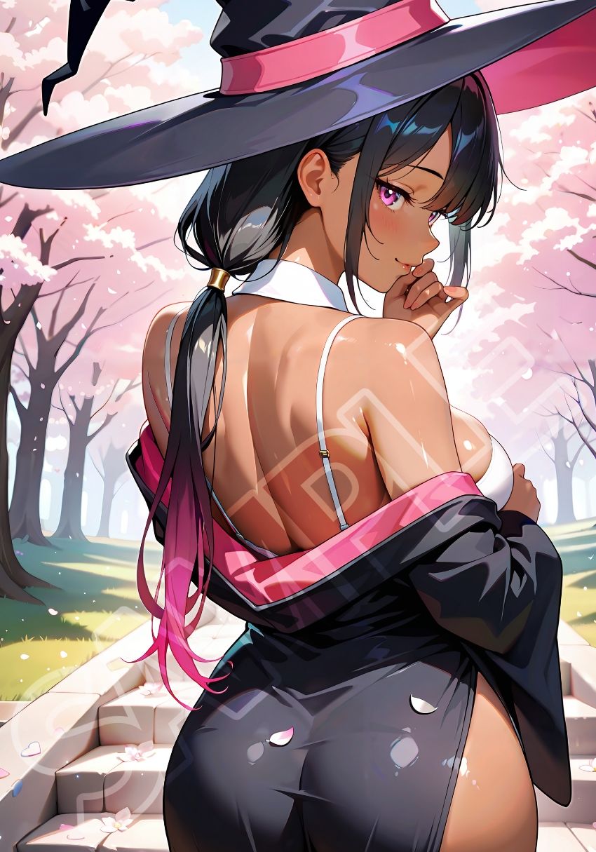 褐色黒魔女と桜デート - サンプル画像 1