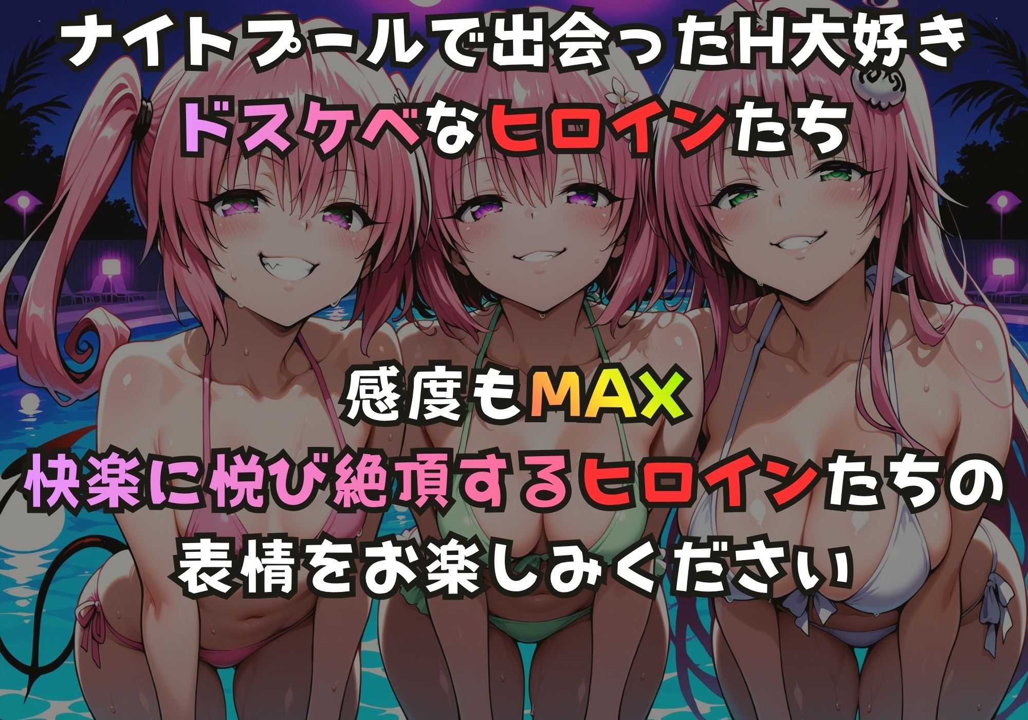 ナイトプールでガンギマるドスケベヒロイン ナ〇＆モ〇＆ラ〇 - サンプル画像 1