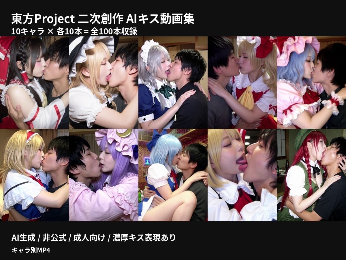 【AI生成】東方Project二次創作 濃厚キス動画集 10キャラ×100本収録 - サンプル画像 1