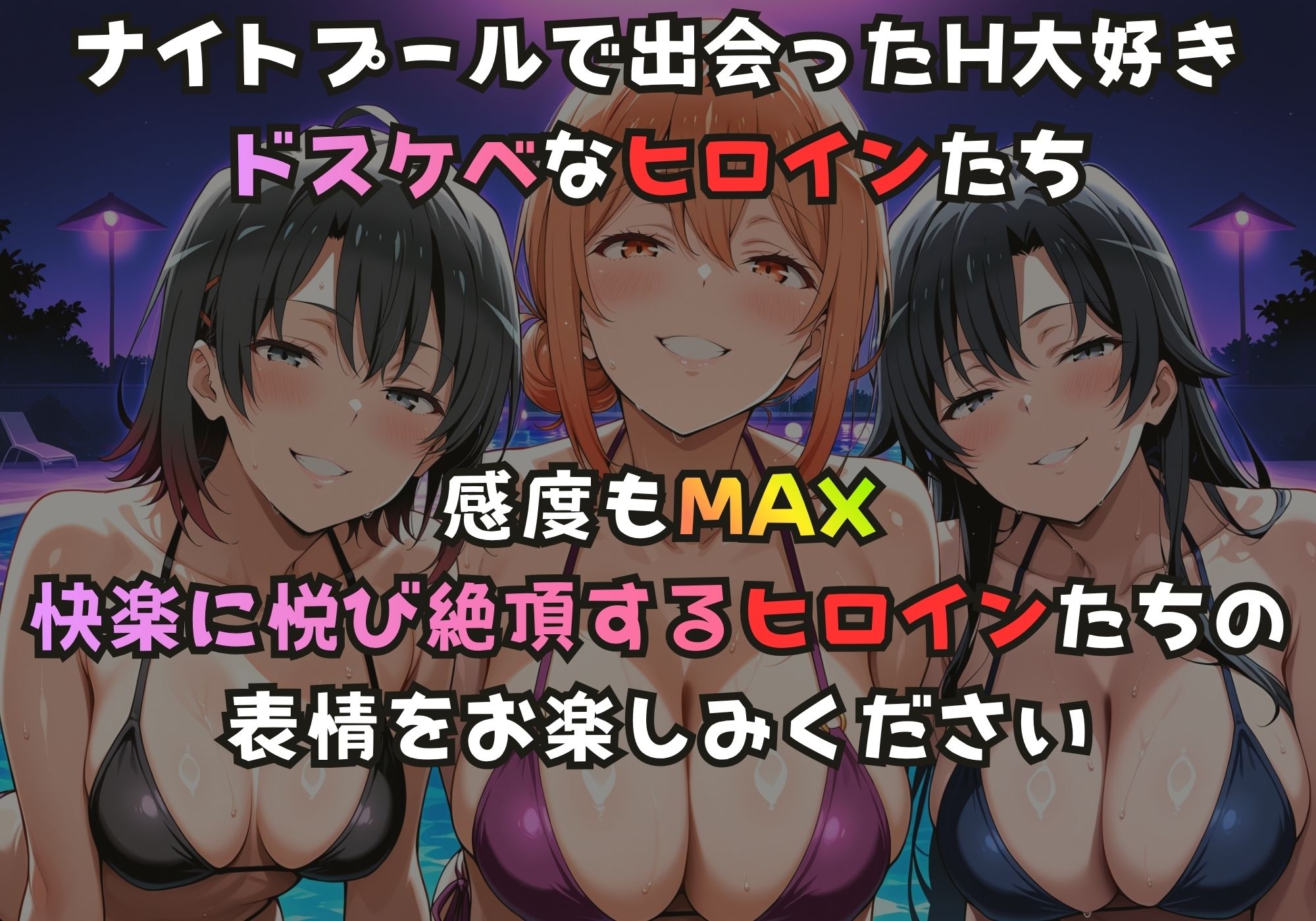 ナイトプールでガンギマるドスケベヒロイン 雪ノ下陽〇＆ガハマ〇＆平塚〇 - サンプル画像 1