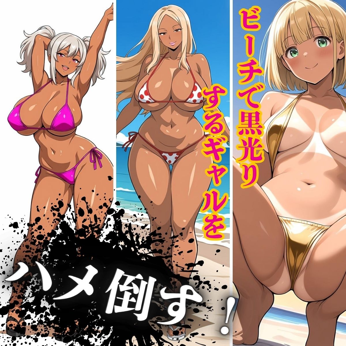 ビチビチ黒ギャル ドエロビキニでビーチで膣活 - サンプル画像 1
