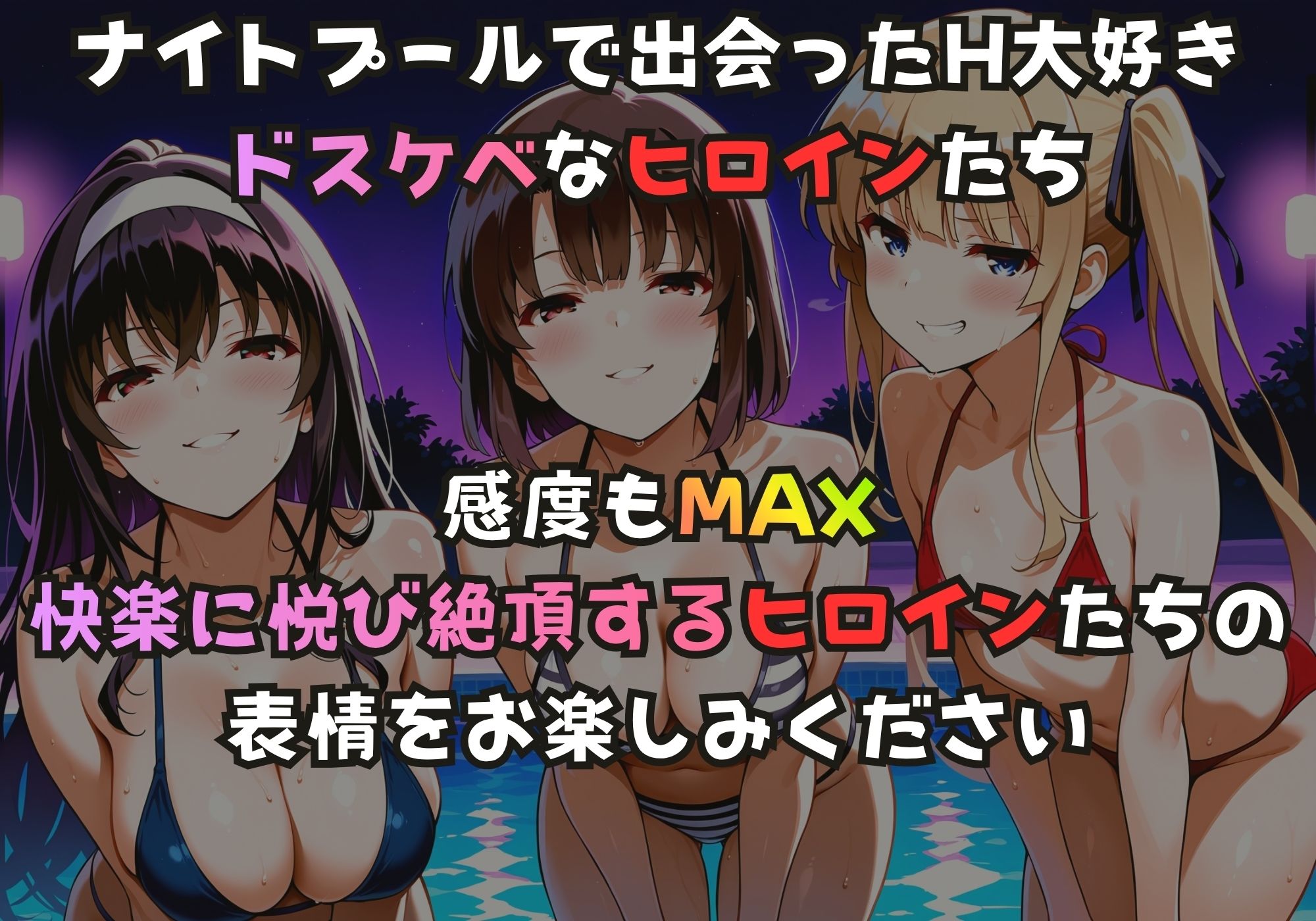 ナイトプールでガンギマるドスケベヒロイン 霞ヶ丘〇羽＆加藤〇＆澤村・スペンサー・英〇々 - サンプル画像 1