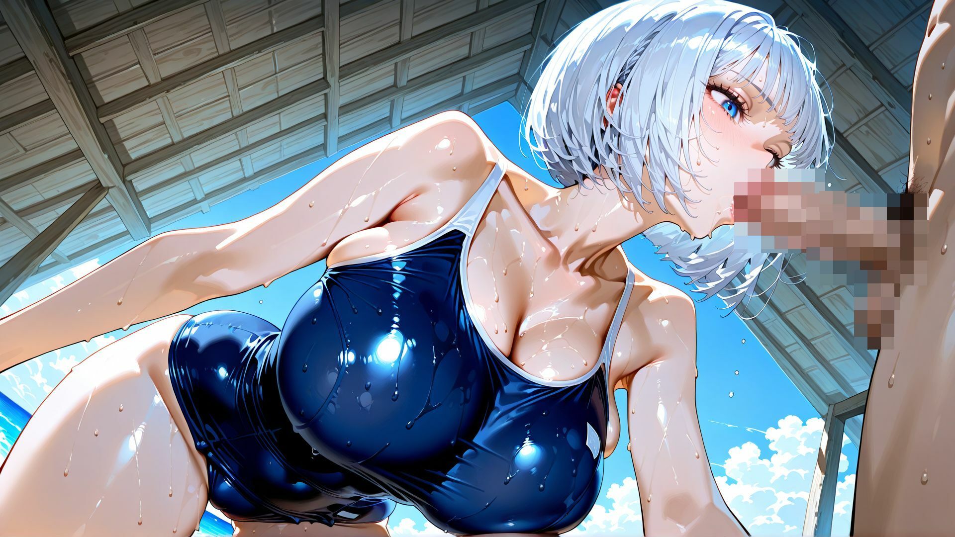 【4K】スク水姿の巨乳JKを、夏の海で汗だく中出しセックス - サンプル画像 8