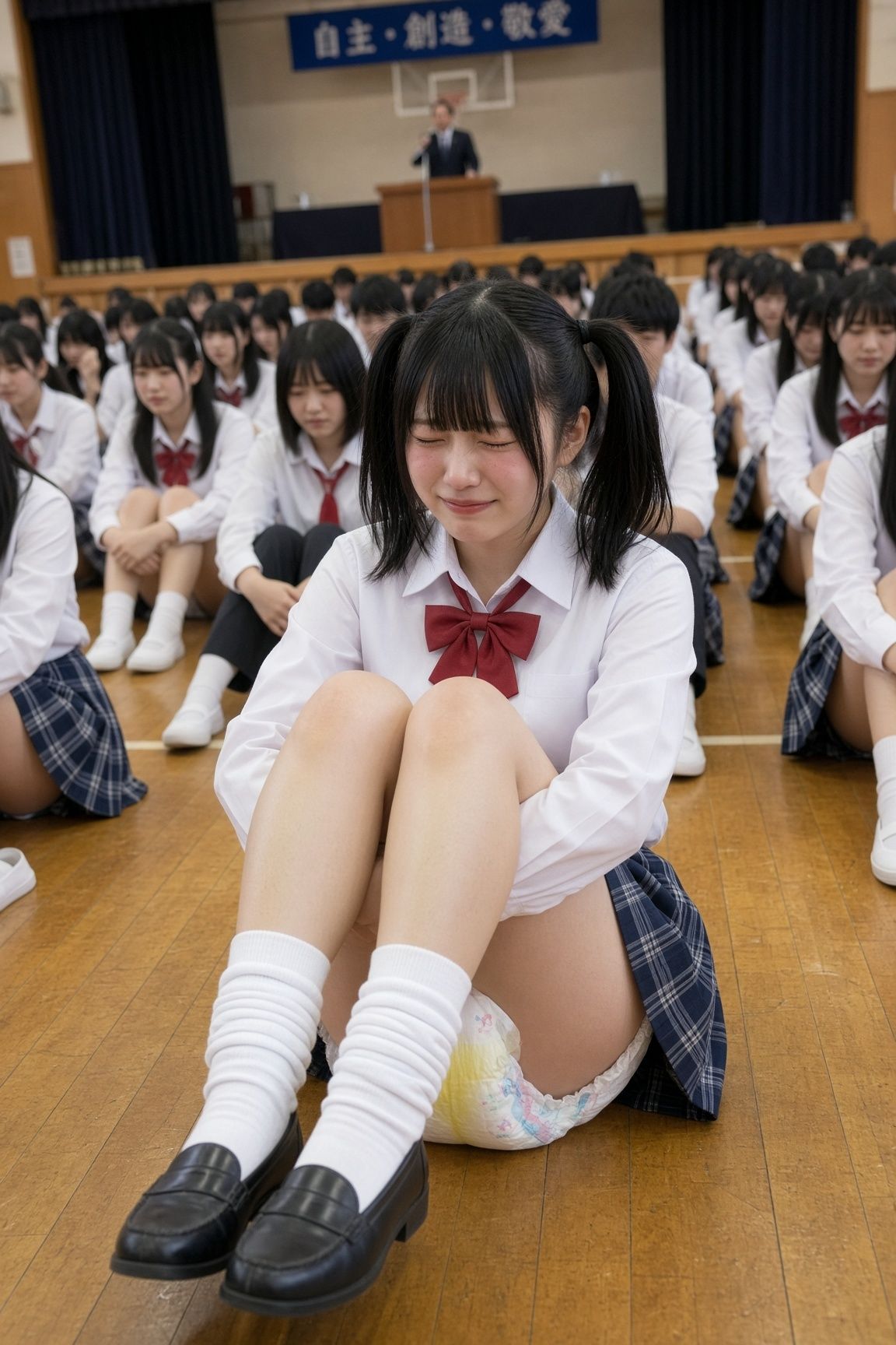 【AI動画】全校集会でおもらし〜おしっこで黄色く染まるおむつ - サンプル画像 1