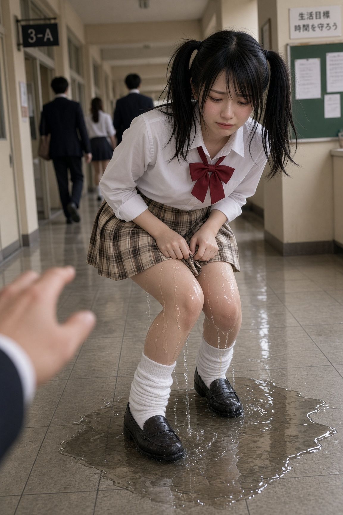 【AI動画】休み時間に廊下でおしがまの後におもらし - サンプル画像 3