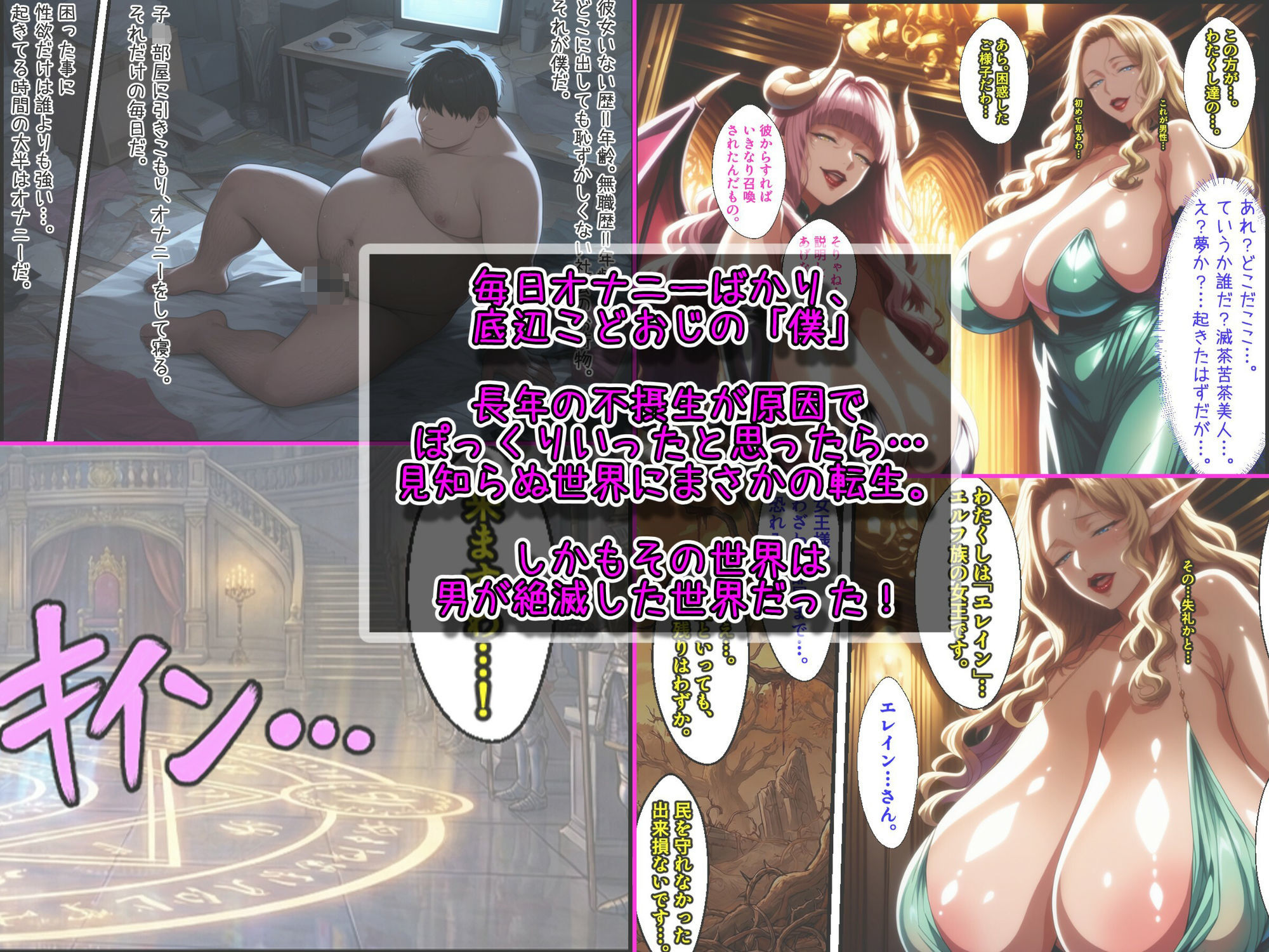爆乳美女だけの世界に転生！爆乳サキュバス母娘も美熟女エルフ王女様も孕ませて世界を救う！ - サンプル画像 1