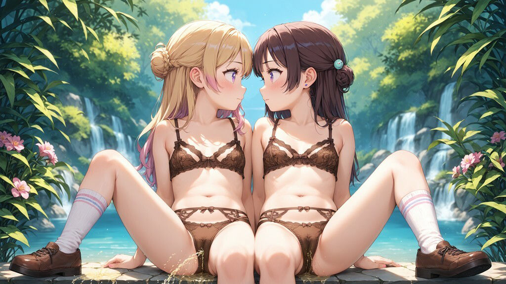 かわいい女の子2人が並んで座ってパンツをはいたままおしっこをおもらししている画像集 （4K） - サンプル画像 4