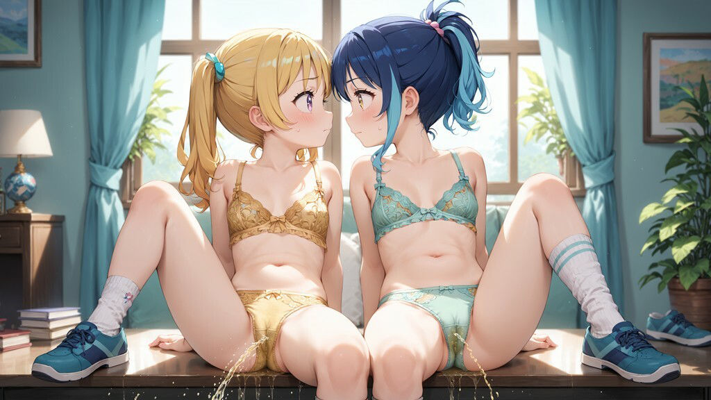 かわいい女の子2人が並んで座ってパンツをはいたままおしっこをおもらししている画像集 （4K） - サンプル画像 7
