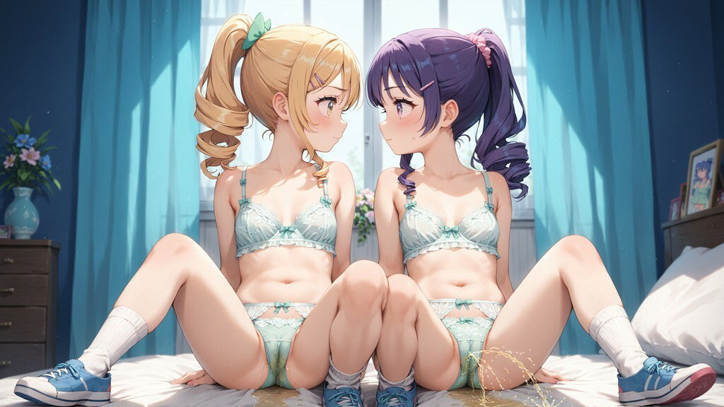 かわいい女の子2人が並んで座ってパンツをはいたままおしっこをおもらししている画像集 （4K） - サンプル画像 10