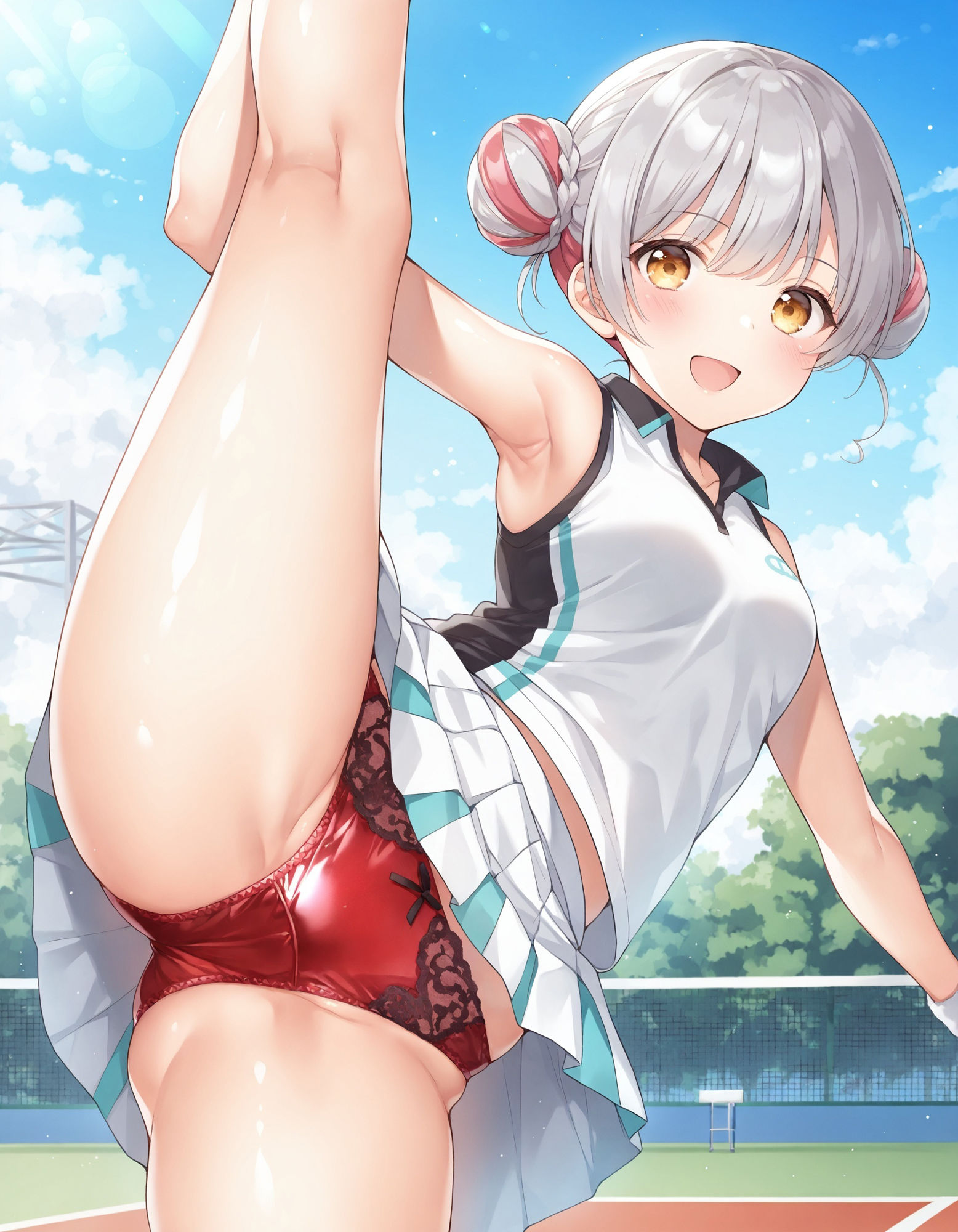 テニスウェアで片足上げパンチラ - サンプル画像 5