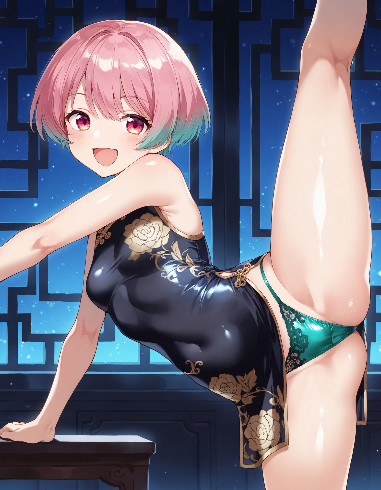 チャイナドレスで片足上げパンチラ - サンプル画像 2