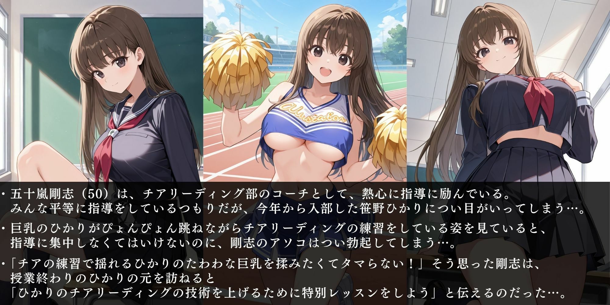 チア部刈り！キモデブコーチが巨乳軟体女子校生の子宮をゴリ突き超開脚セックス - サンプル画像 1