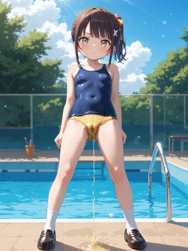 【おしっこxぱんつ＃38b】スクール水着っぽいのを着たかわいい女の子がパンツをはいたままおしっこをおもらししている画像集2 - サンプル画像 4