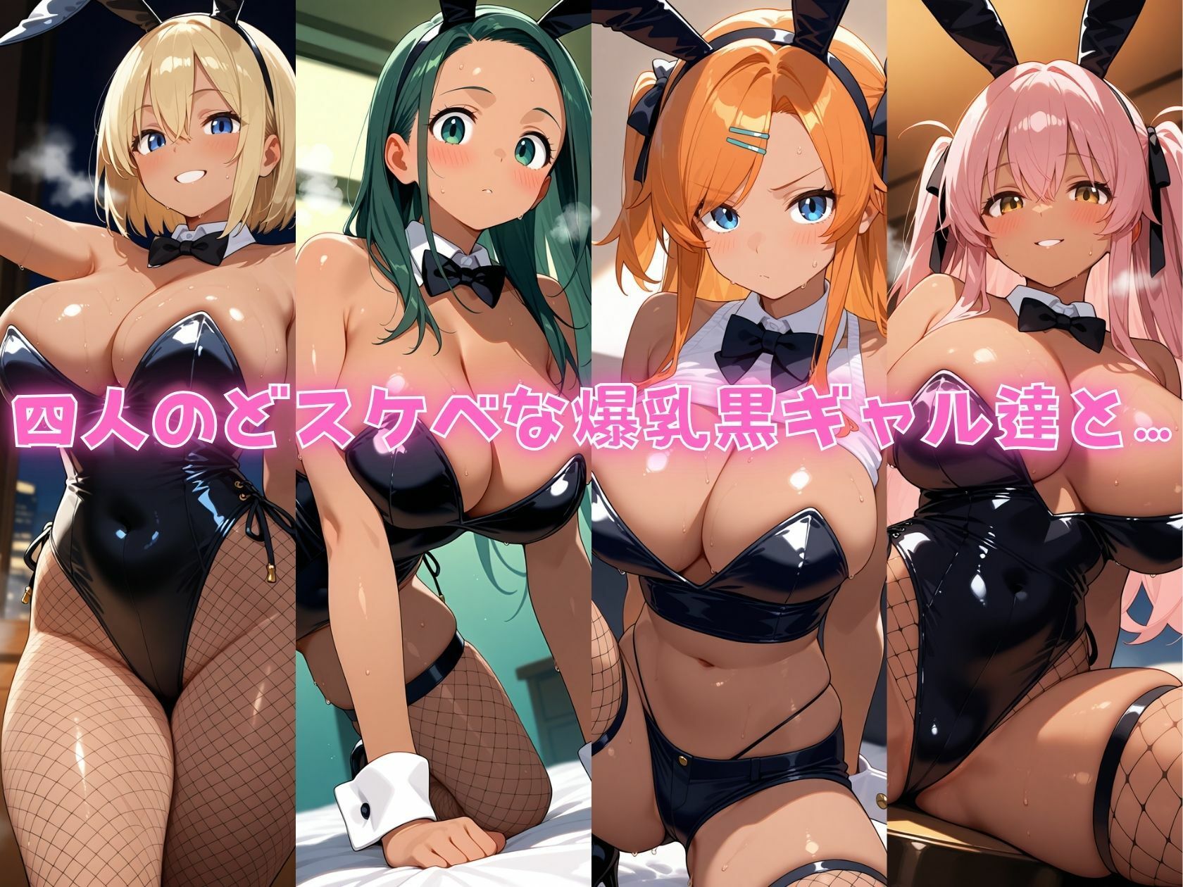 4人の爆乳黒ギャルバニーガール汗だくSEX - サンプル画像 1