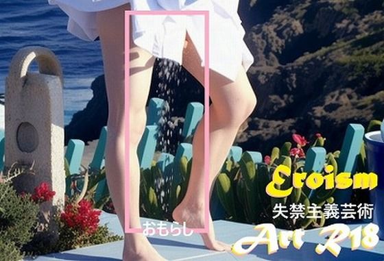 失禁写真アート:控えめなお漏らし、金髪、海と崖の風景、開放感のある高台での失禁。