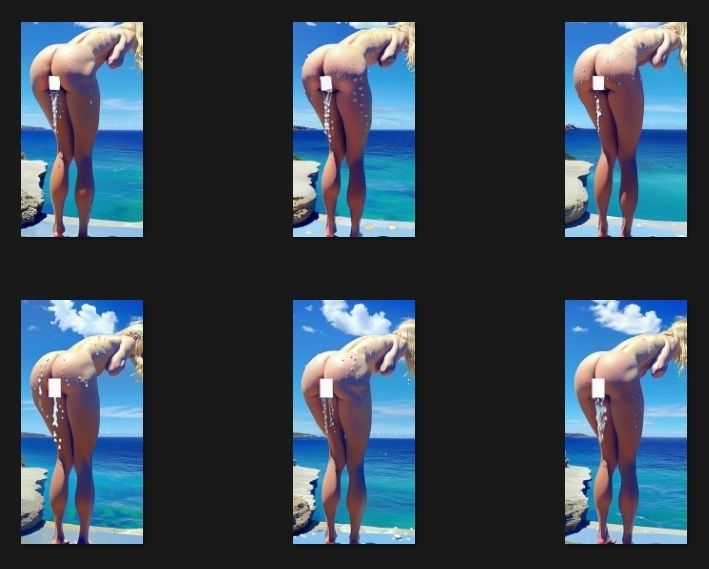 失禁写真アート:ごめんなさい、女子トイレ混んでて・・・、外でしちゃうね・・・。快晴の海のおもらしのひとこま、屋外全裸金髪女の立ち小便、爆尿一歩手前、ちょろちょろおしっこ。 - サンプル画像 1