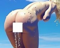 失禁写真アート:ごめんなさい、女子トイレ混んでて・・・、外でしちゃうね・・・。快晴の海のおもらしのひとこま、屋外全裸金髪女の立ち小便、爆尿一歩手前、ちょろちょろおしっこ。 - サンプル画像 5