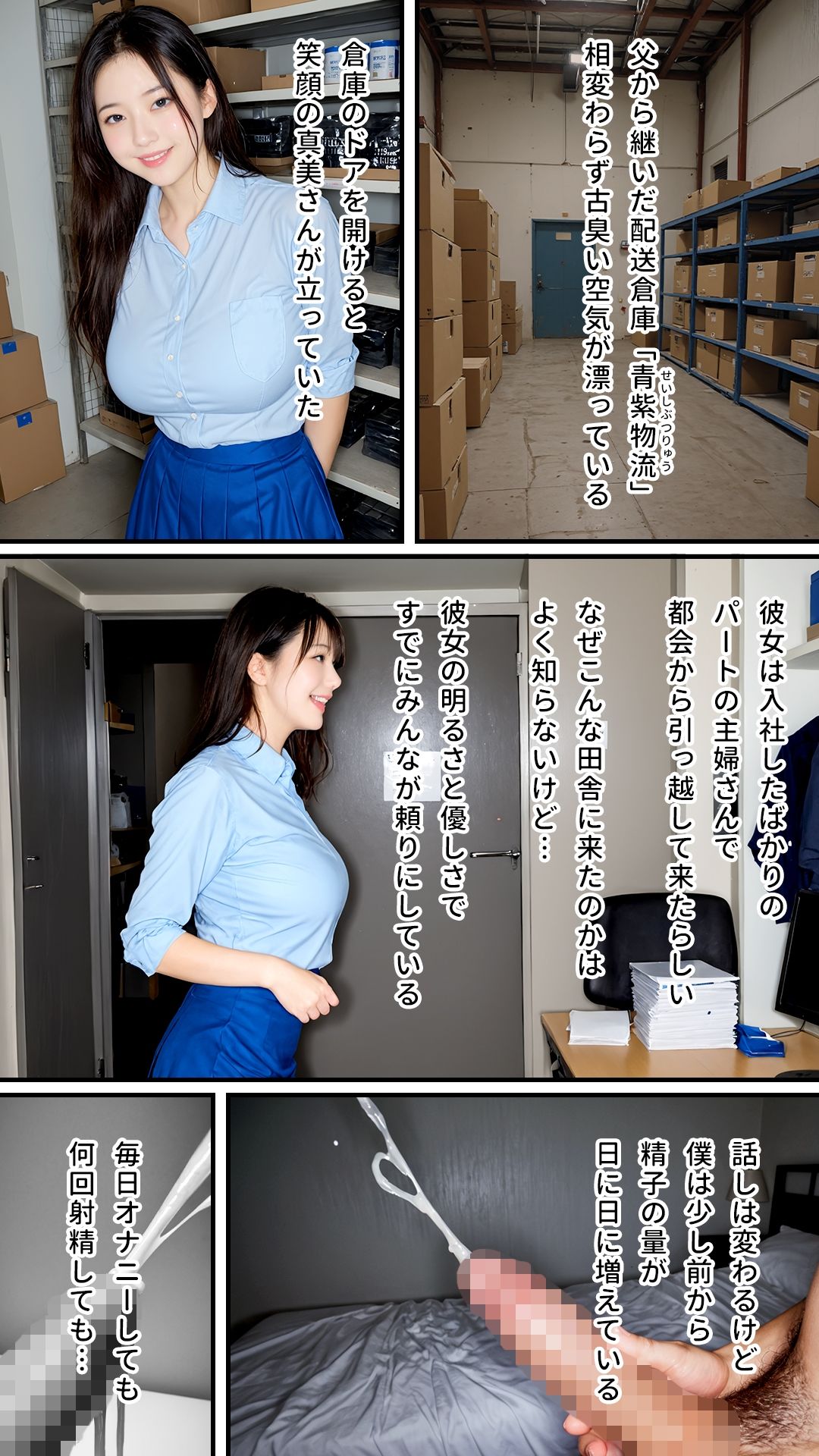 パート主婦に倉庫でこっそりザーメンぶっかけ｜顔射・着衣・全身におねだりNTR大量射精｜卑猥モザイク仕様｜最上級AI生成リアル実写系 - サンプル画像 1