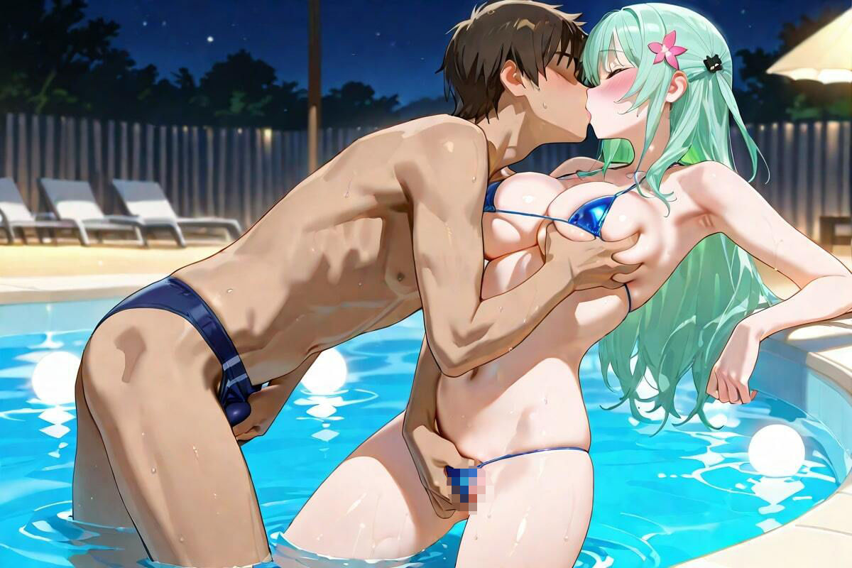 夜のプールサイド  濡れた素肌、熱いキスと恋の予感 - サンプル画像 5