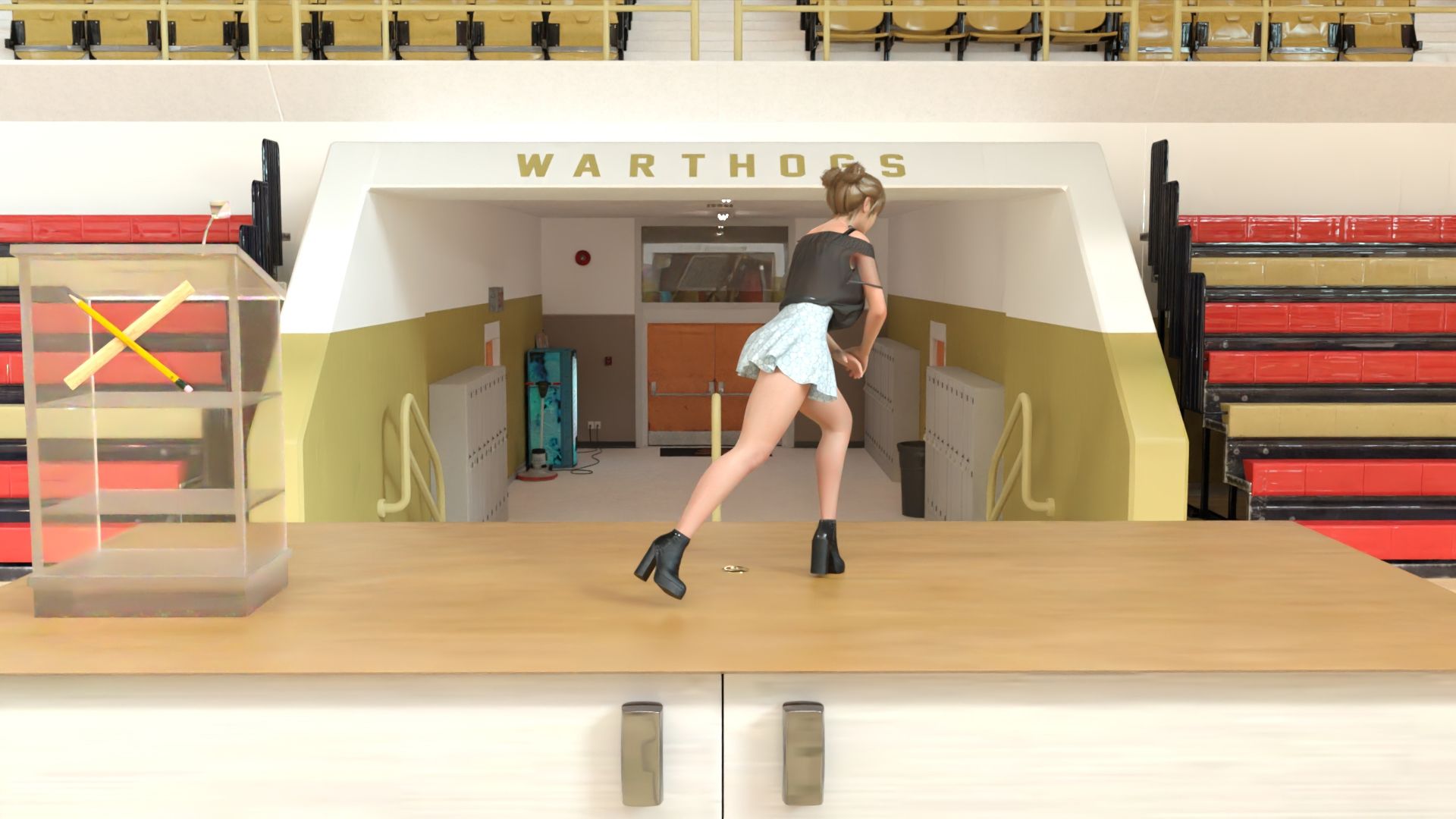 【▲100】生徒会長 一ノ瀬廻里・朝の全校演説後の準備運動『珍粕体操（ちんかすたいそう）』  Vol.002（PV02:ピンクサテン地ストライプパンティ編） - サンプル画像 8