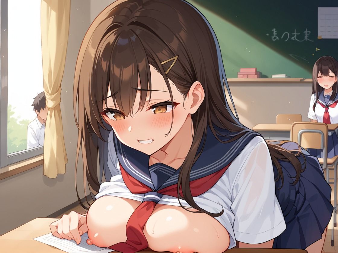 巨乳女子◯生  教室内で大胆M字開脚！？  全裸で着衣で恥じらいセ◯クス - サンプル画像 2