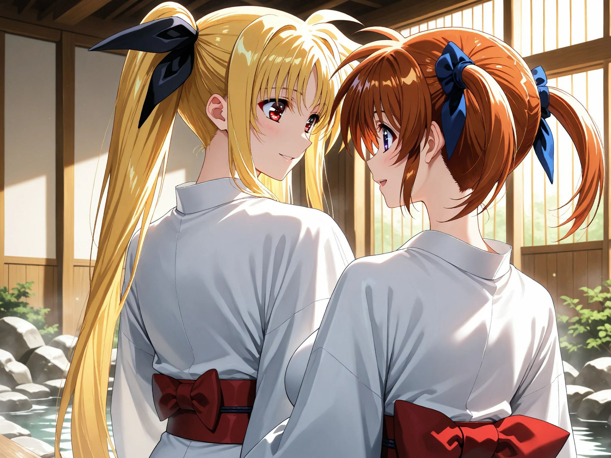 【発情ヒロイン】【百合】魔法少女リリカルな●は  高町な●は＆フェイト  温泉イチャコラ編 - サンプル画像 1