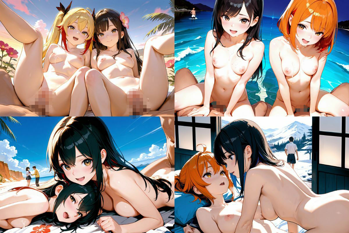 2人の超絶かわいいレズ美少女と乱交3P野外セックス！【1536x1024高画質サイズ！SDXL美麗画像厳選300枚以上！】 - サンプル画像 2