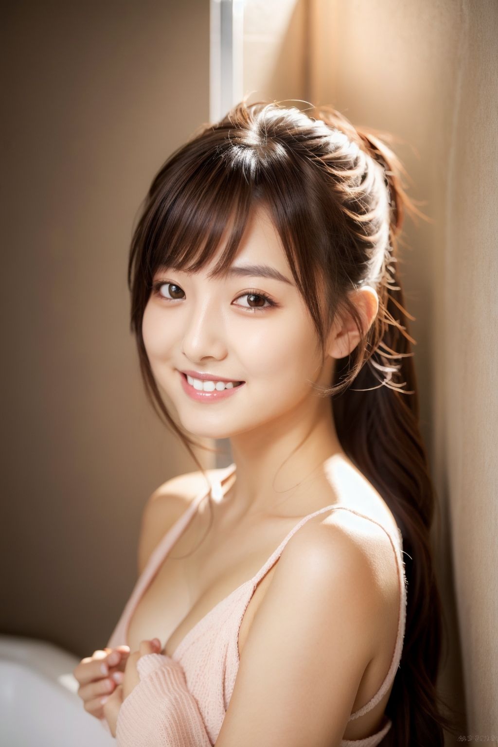 バスルームの笑顔美女おっぱい 女裸1 - サンプル画像 1