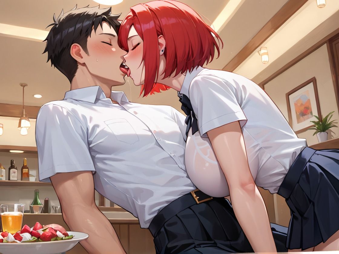 赤毛巨乳ウェイトレスのHな接待 - サンプル画像 1