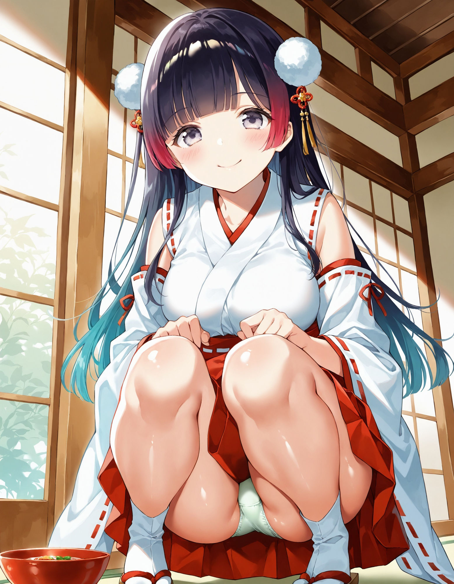 巫女コスでしゃがみパンチラ - サンプル画像 2