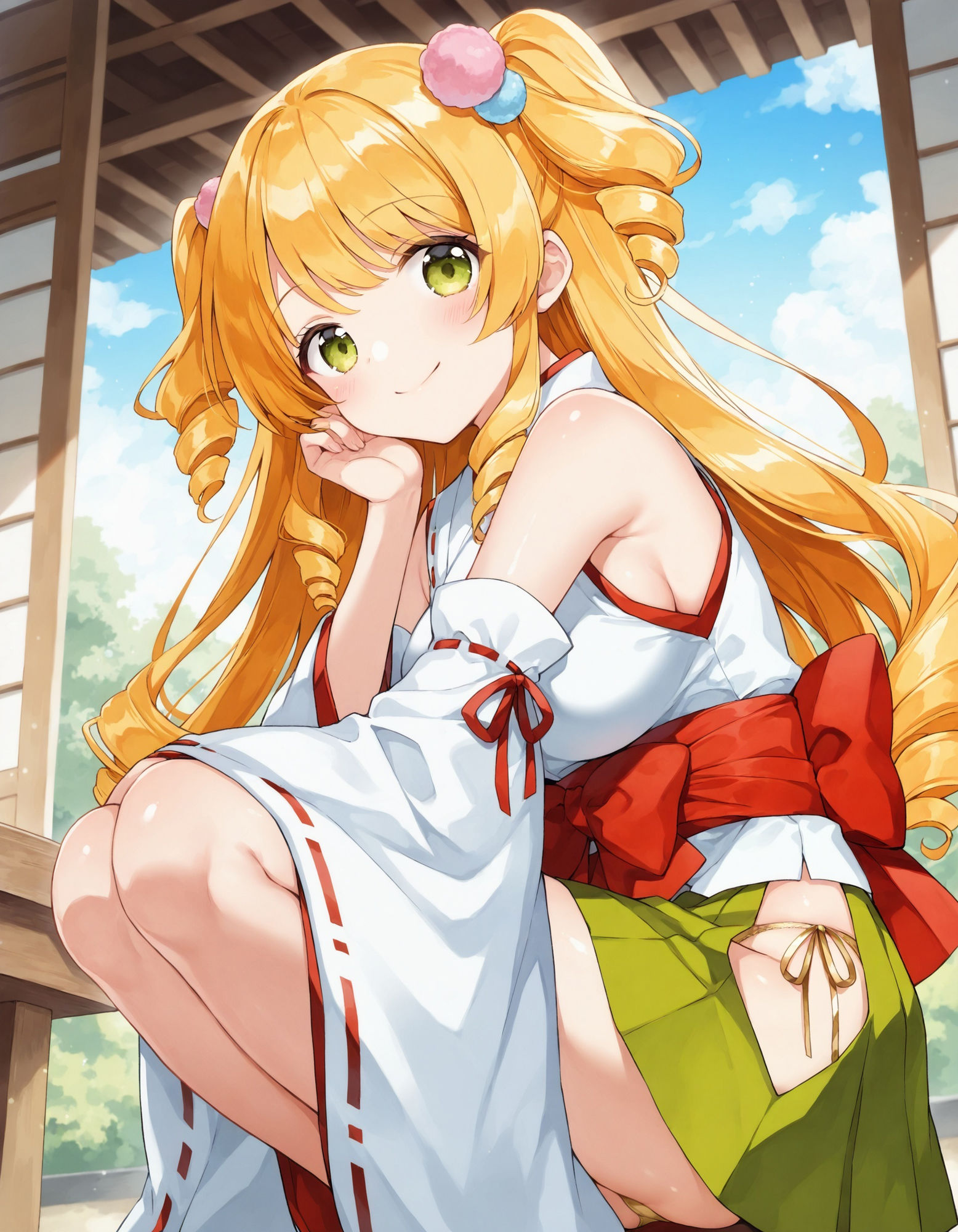 巫女コスでしゃがみパンチラ - サンプル画像 3