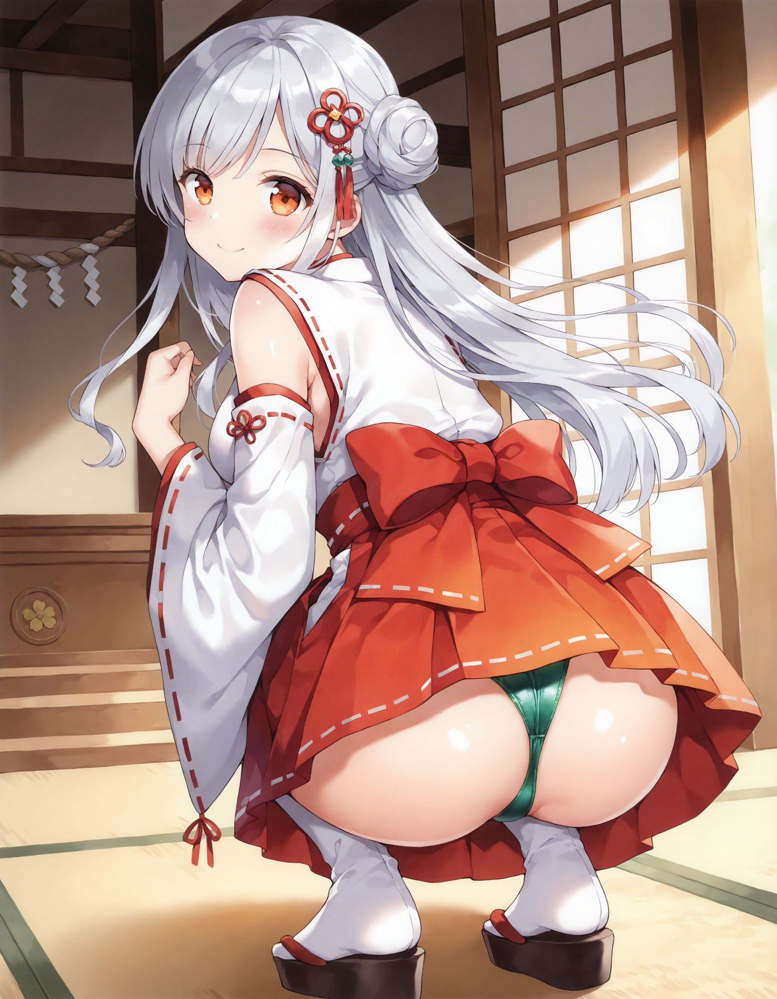 巫女コスでしゃがみパンチラ - サンプル画像 8