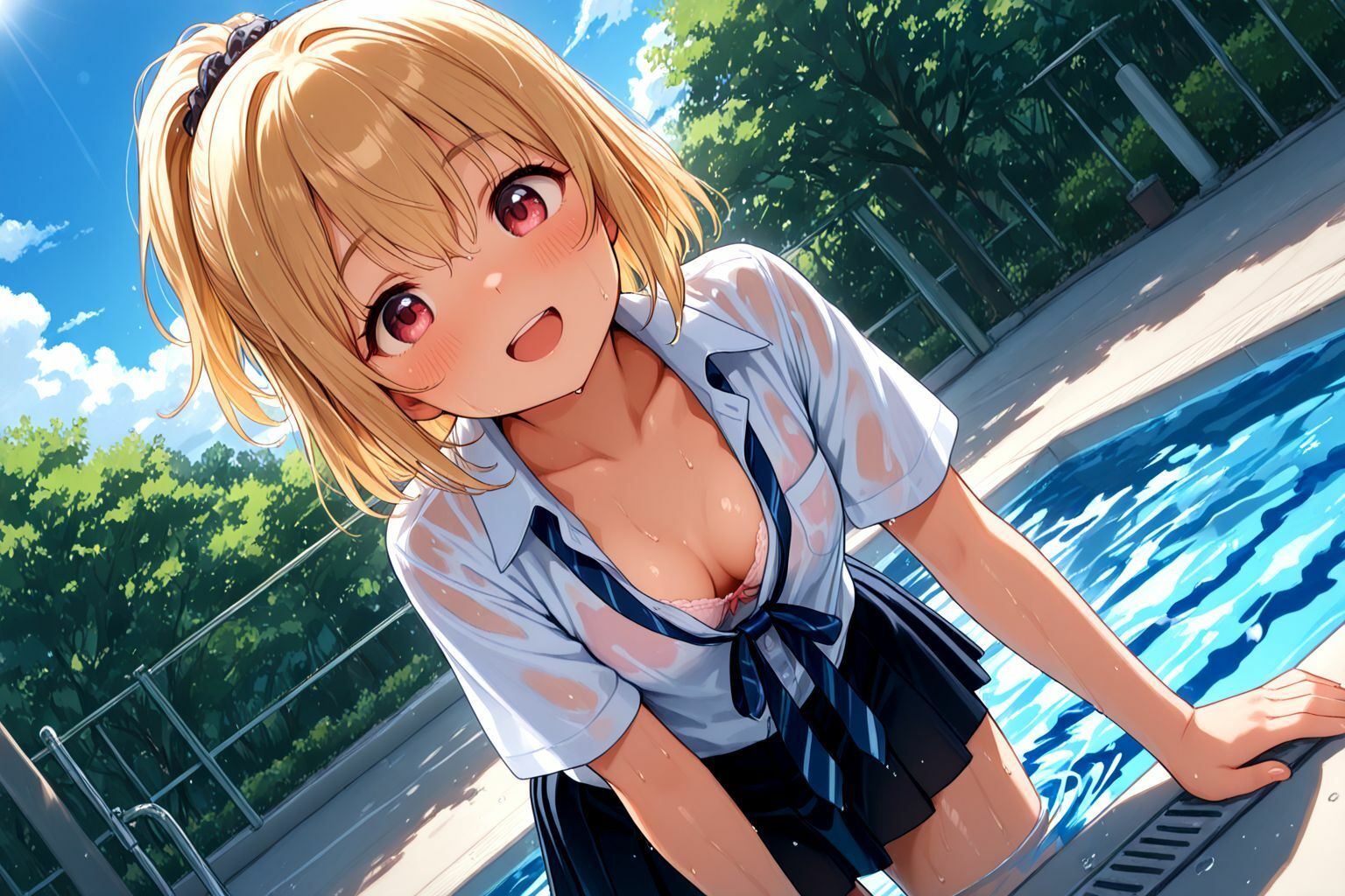 ミックスガールズコレクション  プールに落っこちたスケスケちっぱい制服美少女に青姦セックス！！ - サンプル画像 3