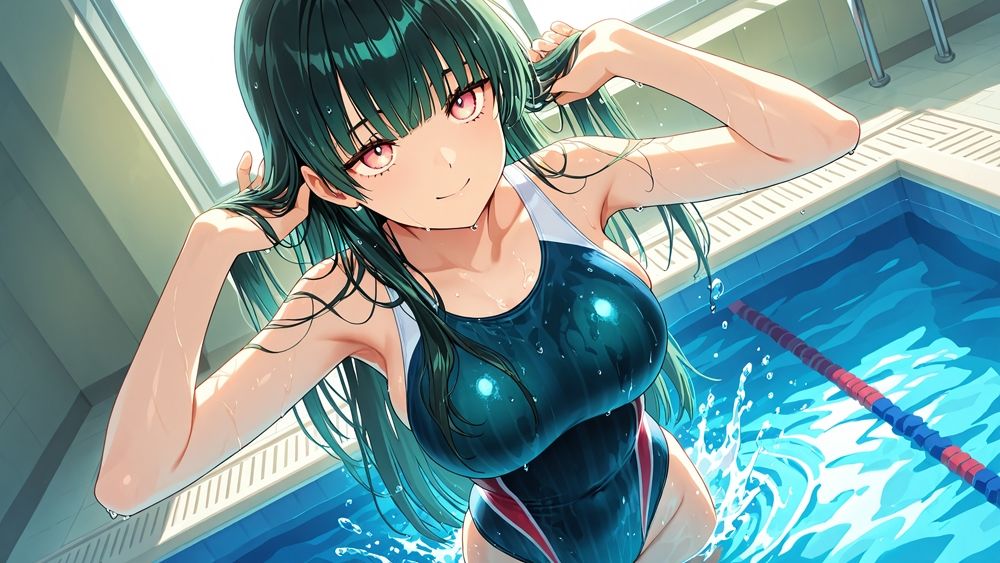 緑髪長身姉と茶髪妹が水泳コーチと競泳水着3P中出し【4K】 - サンプル画像 4