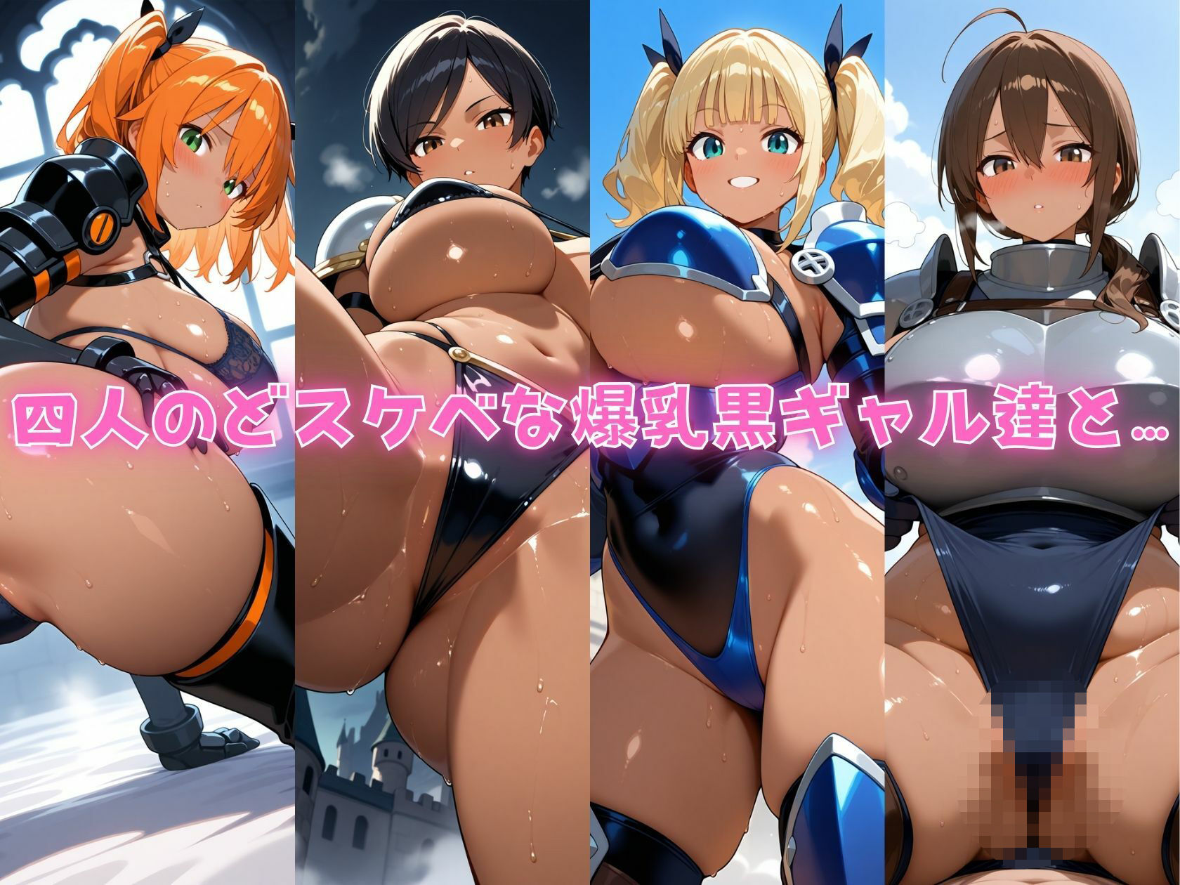 4人の爆乳黒ギャルビキニ女騎士汗だくSEX - サンプル画像 1