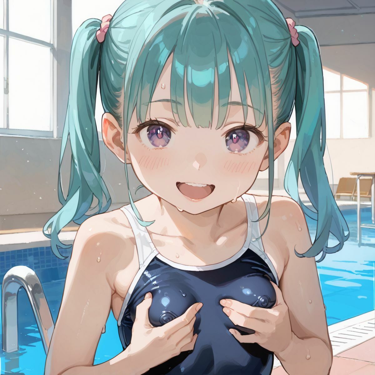 スクール水着がエロい貧乳後輩ちゃんを誰もいないプールに呼び出して中出しえっち03 - サンプル画像 10