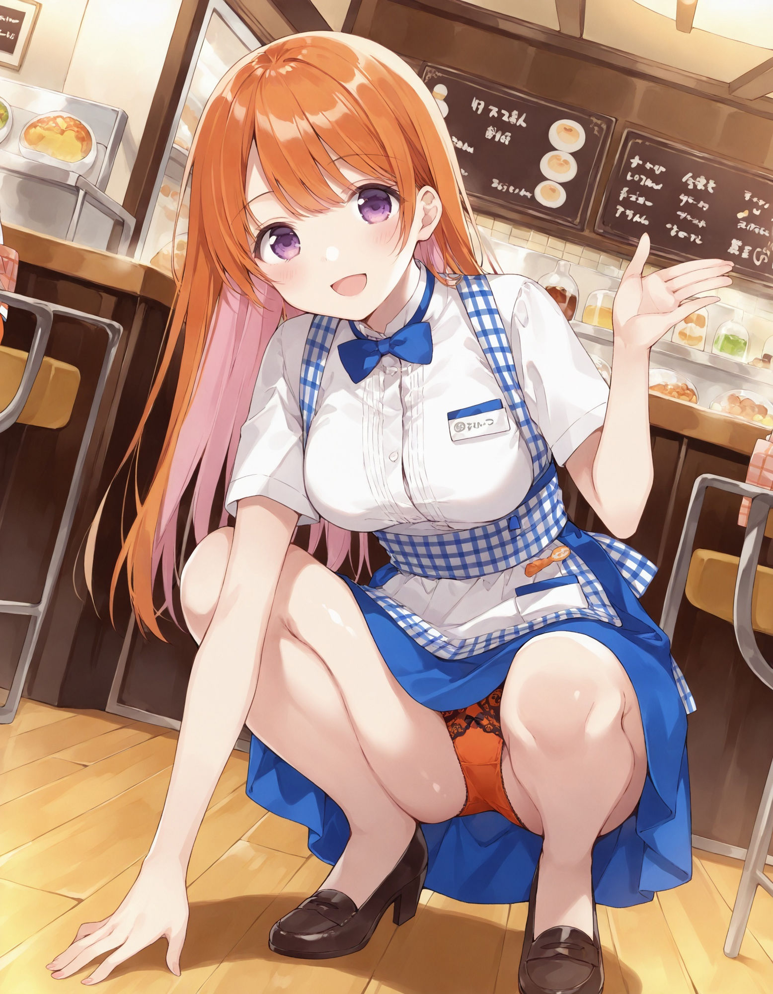 ウェイトレスのしゃがみパンチラ - サンプル画像 1