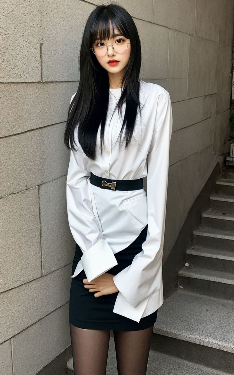 AI美女写真集┃眼鏡で階段の美女 - サンプル画像 2