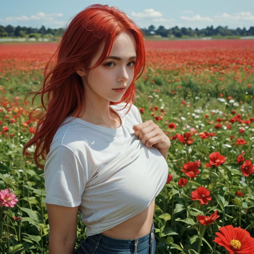 お花畑で赤髪女性がおっぱい露出（セリフなし  AI画像集） - サンプル画像 5
