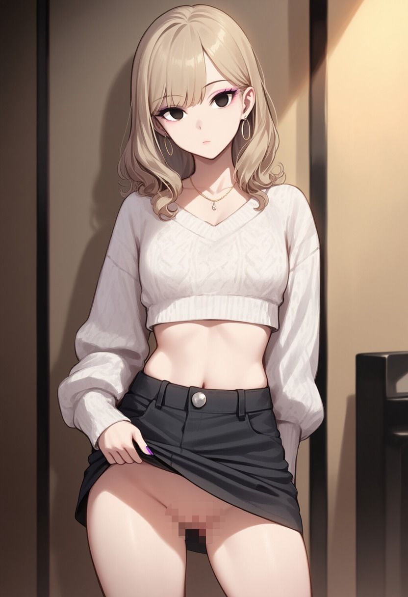 へそ出しギャルが催●にかかってスカートをたくし上げている画像 - サンプル画像 1