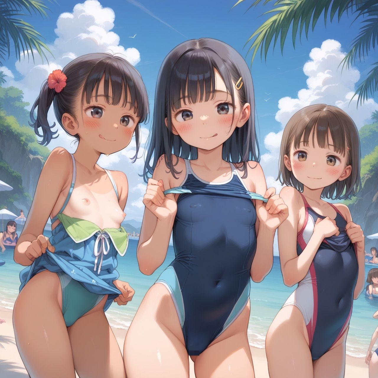 複数ヒロイン高画質 ちっぱいロリ×スク水ハーレム - サンプル画像 1
