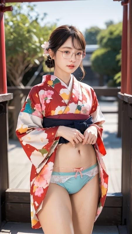 眼鏡美人の和装パンチラ写真集 〜AI-generated着物グラビア〜 - サンプル画像 1