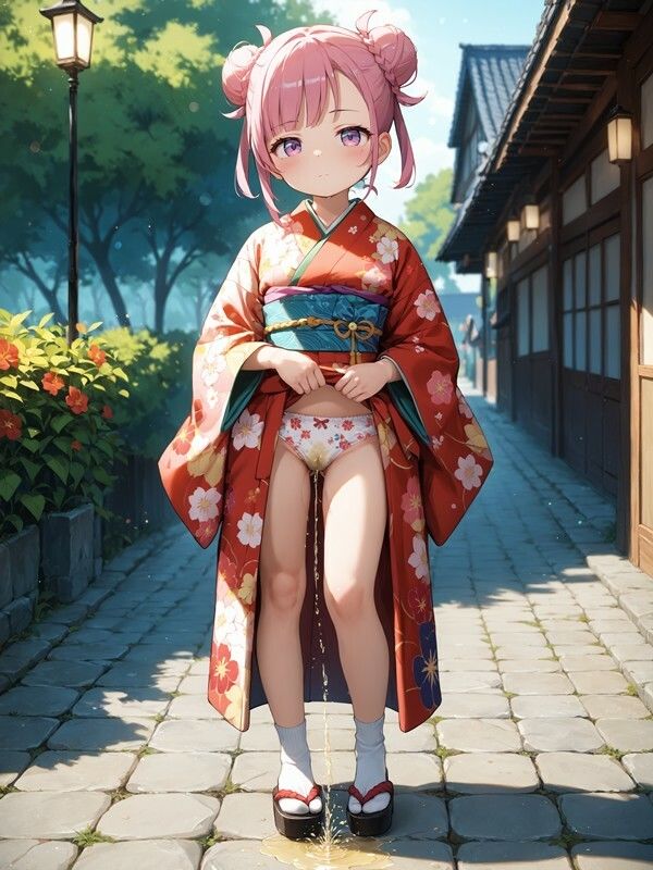 【おしっこxぱんつ＃46b】着物っぽいのを着たかわいい女の子がパンツをはいたままおしっこをおもらししている画像集2 - サンプル画像 9