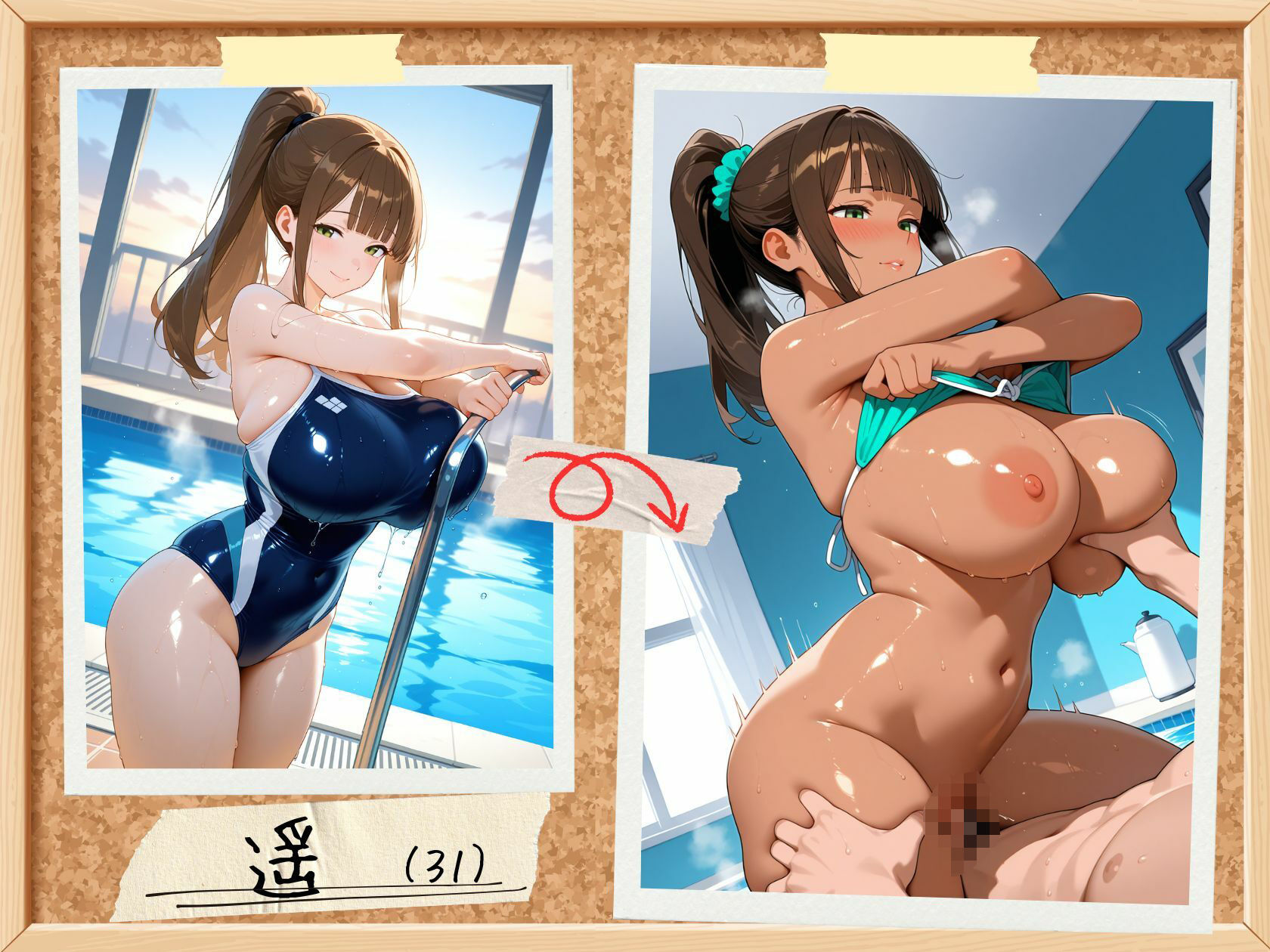 爆乳人妻＜-＞褐色人妻変身！スク水＆水着 - サンプル画像 9
